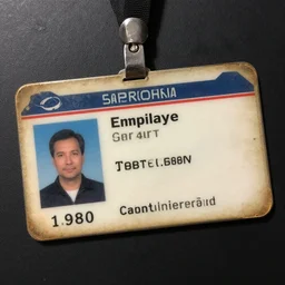 worn old employee identity card to access a space ship, 1 9 8 0 s science fiction, textured, gloss,