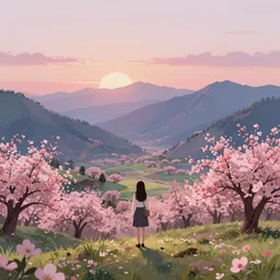 highly detailed landscape, artstation style, artstation form, a girl stood in the blossoming sunset valley, pondering the mountains in the distance. peaceful pastel palette, matte painting