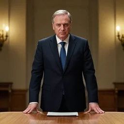 a film still of Klaus Iohannis standing at a table, dramatic lighting