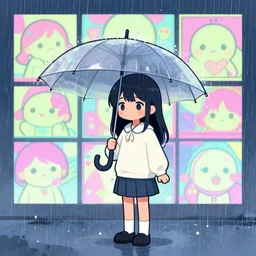 beautiful drawing style, lone girl holding umbrella, contrast, visible rain, vaporware cartoon manga japan background, vibrant neon pastel, kawaii, rainy gloomy, rainy night