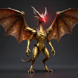 djinn of wishes!!!!, kothophed, soul hoarder!!!, reaper of night!!!!, golgari findbroker, a metal bird shaped like a bat with a glowing red heart for a head!, a leathery golden body that folds into itself at the joints and wings spread wide as if it is taking off!!