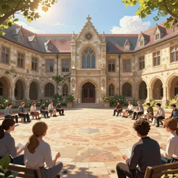Strixhaven school for gifted magical beings, D&D fantasy, magical school, spells practice, bright day light sun, school courtyard, highly detailed, digital painting, trending on artstation, pixiv, concept art, sharp focus, illustration, art by Greg Rutkowski