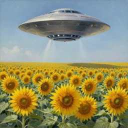 Ultra detailed oil painting by Rene Magritte showing UFO above sunflower field at sunny day,