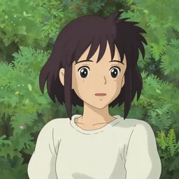 Character portrait of a young woman in a lush park, doll facial features, expressive eyes, highly detailed, cel shading, Studio Ghibli still, by Makoto Shinkai and Akihiko Yoshida