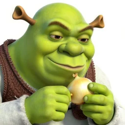 a stock photo of shrek eating an onion, 8 k, ultra - realistic, white background, face cluse - up