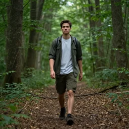 fotorealistic image of a young man walking in the forest