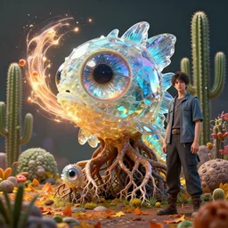 3 d render creature animal sushi cristal very big eye roots cactus elemental flush of force nature micro world fluo fishscale, design by mark ryden and pixar and hayao miyazaki, unreal 5, daz, hyperrealistic, octane render, cosplay, rpg portrait, dynamic lighting, intricate detail, harvest fall vibrancy, cinematic