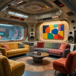 very detailed interior of alien futuristic spaceship with colorful high resolution textures, 1 9 5 0 s midcentury furnishings, hi fi stereo with speakers, bold modern art, raytracing, raymarching, subsurface scattering, still from new scifi movie by digital domain, lucasfilm, by arthur haas and stefan morrell