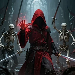 red hooded figure with no face summoning skeleton warriors with swords in a demon world, cinematic, 8k, gothic