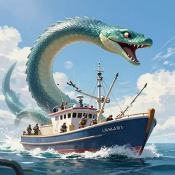 modern fishing boat being attacked by a giant sea serpent on a sunny day, award winning fantasy concept art, trending on artstation