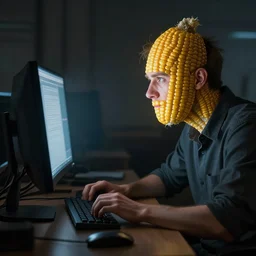 Programmer made of corn staring at a computer monitor, face illuminated, hyperrealistic, artstation, 8k, concept art, very detailed, hd, digital painting, shadows, dimly lit, dramatic lighting