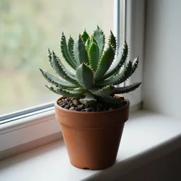 an unknown exotic succulent shrubbery, a strange and weird potted plant is in a windowsill