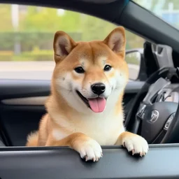 shiba inu driving a car