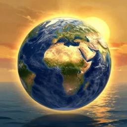 earth, sun and sea, golden hour, detailed, illustration, unreal engine, art by greg rutkowski