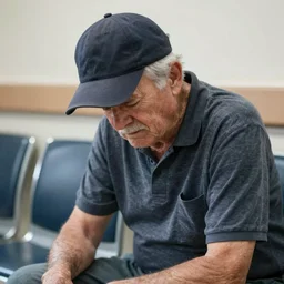 An old male patient at the Veterans Affairs Hospital waits for his appointment, he sits in a chair, frustrated, eyes closed, head down, wearing a baseball cap that is tilted down and covering most of his face, photograph