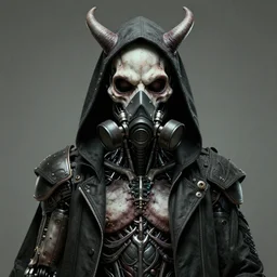 front shot of a cyberpunk hooded dead biomechanical demon in gasmask mastermind character, intricate, elegant, highly detailed, centered, (((artstation, concept art, smooth, sharp focus, artgerm, Tomasz Alen Kopera, Peter Mohrbacher, donato giancola, Joseph Christian Leyendecker, WLOP, Boris Vallejo))), mugshot!!!!!, ugly!!!!!!, octane render, nvidia raytracing demo, grainy, muted