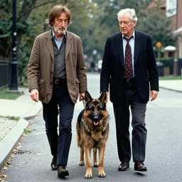 john lennon walking with a german shepherd dog. epic beautiful photo. 4 k. kodachrome. scorsese, fred herzog. 1 9 7 6. cinestill. masterpiece