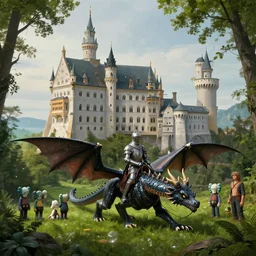 beautiful matte art of a big castle in a serene landscape, a knight riding a dragon, by albert bierstadt, green grass, highly detailed, crystal lighting, mystical, forest, hyperrealistic, 4 k, unreal engine, magical, by joe fenton, by greg rutkowski, by greg tocchini, by kaws, by kate beaton, by kaethe butcher