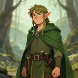 elf druid with messy hair, green cloak, character art, trending on artstation, n4