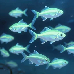a school of neon fish with transparent fins, makoto shinkai, 4 k, hyper realistic