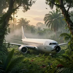 a crashed plane in a jungle!, mist, tropical trees, vines, birds, sunset!, fluffy clouds, warm colors, beautiful lighting, digital art, intricate details, trending on artstation