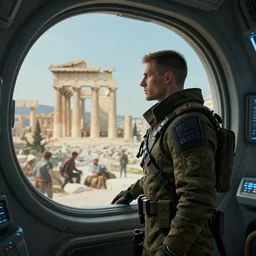 a cyberpunk sigma male soldier looking at renaissance athens through a spaceship high - tech luxury window, scifi, by wlop, peter mohrbacher, jakub rebelka, visually stunning, time travel scene, beautiful