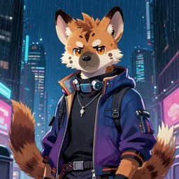 character portrait of a male anthro hyena fursona with a tail and a cute beautiful attractive detailed furry face wearing stylish cyberpunk clothes in a cyberpunk city at night while it rains. color page, tankoban, 4K, tone mapping. By Rukis. comic book style