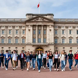 a large group of teenagers breaking into Buckingham Palace