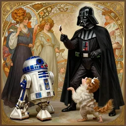 a detailed picture of darth vader playing fetch with r 2 d 2, intricate, elegant, highly detailed, digital painting, artstation, concept art, matte, sharp focus, illustration, art by rebecca guay and by arthur rackham and by alphonse mucha and by john william waterhouse
