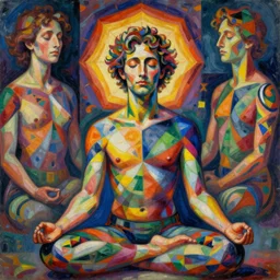 A beautiful collage of a man with a large head, sitting in what appears to be a meditative pose. His eyes are closed and he has a serene look on his face. His body is made up of colorful geometric shapes and patterns that twist and turn in different directions. It's almost as if he's sitting in the middle of a kaleidoscope! body paint by Paula Modersohn-Becker, by Valentin Rekunenko atmospheric