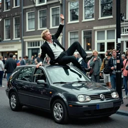 2 4 mm color photograph of geert wilders flipping over volkswagen golf in amsterdam, atmospheric lighting, by joel meyerowitz, by saul leiter