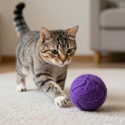 A cat playing with a Purple Woolen Ball，by canva