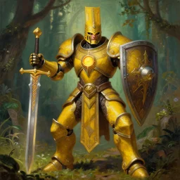 full body, attack position Wadim Kashin painting in lush fantasy environment of a ornate holy mechanical warforged with circular glowing eye, character in yellow armor holding a legendary paladin engraved holy great longsword and carrying a huge heavy paladin shield, vertically flat head, face in focus, epic , trending on ArtStation, masterpiece,  cinematic lighting