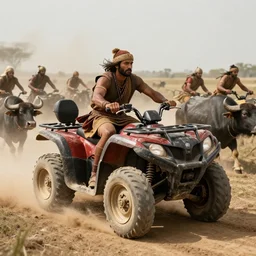 photorealistic high speed photo ancient indian tribesman hunting on  atv, wooden wheels, hunting buffalo herd ,attacking, chase, action scene, an epic fantasy, dramatic lighting, cinematic, establishing shot, extremely high detail, photorealistic, cinematic lighting, artstation, octane render, by simon stalenhag, horizon forbidden west,old photo, high speed photography, vintage, extreme sports