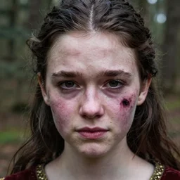 eighteen year old medieval girl, pretty but with a wine stain covering half her face, pale, unhappy expression, photography, award - winning, close up, shallow depth of field, highly detailed, dark hair, realistic, forest background