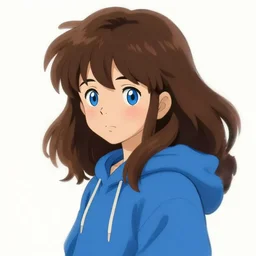 portrait of an anime boy with long fluffy brown hair, blue eyes, blue hoodie, blush. painterly digital art, artstation, deviant, studio ghibli