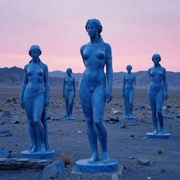 giant blue marble statues of women, in various ruin across a mountainous desert with pink light on the horizon by andreas achenbach and carl gustav carus and thomas cole and delphin enjolras, and dali, blue mood