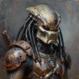 a portrait of the predator by chris warner, sci fi, predator movie, rusty shapes, hard surface, oil on canvas, deep depth field, masterpiece, trending on artstation, featured on pixiv, cinematic composition, hyper - detailed, hd, hdr, 4 k, 8 k