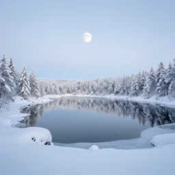 lake in a totally white place with a moon in style of greg rutkowski, trending on artstation