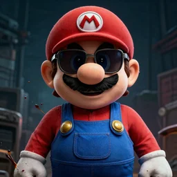 serious rap album cover of gritty dark rap super mario!!! wearing sunglasses. oil splashes and realistic cinematic background. hyper detailed, 4 k, high quality, smooth, sharp focus