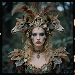 kodak portra 4 0 0, wetplate, photo of a surreal artsy dream scene,, weird fashion, in the nature, highly detailed face, very beautiful model, portrait, close up, extravagant dress, carneval, animal, wtf, photographed by paolo roversi style and julia hetta and steven meisel