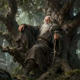 an elder druid resting upon a large magical tree, dramatic lighting, wonderful shading, realistic perfect face, concept art, dynamic pose, digital illustration, trending on artstation, intricate details, epic composition, sharp focus, 8 k uhd, masterpiece, wlop, ross draws