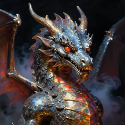 a baroque neoclassicist close - up portrait of a metallic dragon, gazing intensely. reflective steel detailed textures. glowing colorful fog, dark black background. highly detailed fantasy science fiction painting by moebius, norman rockwell, frank frazetta, and syd mead. rich colors, high contrast. artstation