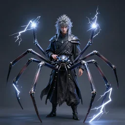 human wizard with spider arms shooting lightning, in the style of makoto shinkai, greg rutkowski, artstation, concept art, highly detailed