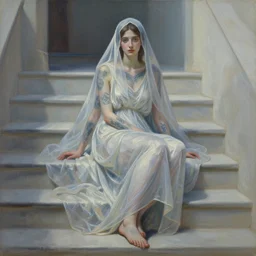 loose painting of a fragile, cool, beautiful, veiled, girl covered in tattoos and translucent, flowing, greek dress, endless flowing drapery, classical greece, alla prima, oil painting, by giovanni strazza, sargent and raffaelo monti, arranged in the golden ratio, sitting on stairs steps, epic composition, face fully visible, trending in artstation