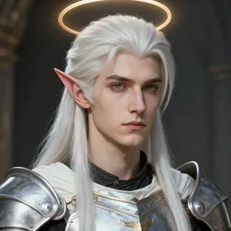 closeup portrait of a young beautiful calm and pious male aasimar paladin with white hair a halo above his head wearing white vestments under armor, by Raymond Swanland Greg Rutkowski Lise Deharm, intricate, masterpiece, sharp, digital art, full head, ArtStation, CGStation, 8k