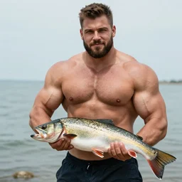 handsome shirtless ridiculously gargantuan muscular man holding a fish, tinder bio photo