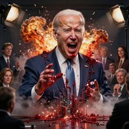 uhd hyperrealistic photorealisitc hyperdetailed detailed joe biden exploding, puking blood, screaming, with sparking circuits, studio lighting, by ayami kojima amano karol bak, greg hildebrandt and mark brooks