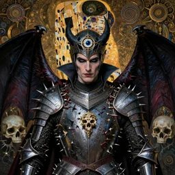The Knight of Bones by Karol Bak, Jean Deville, Gustav Klimt, and Vincent Van Gogh, portrait of a handsome vampire knight in armor, piercing grey eyes, ornate armor covered in thorns, nightmare warrior, bat wings, ornate dramatic bat wing helmet, mystic eye, otherworldly, skulls, fractal structures, arcane, inscribed runes, infernal relics, ornate gilded medieval icon, third eye, spirals
