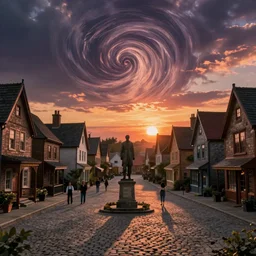 empty lovecraftian town square surrounded by houses and inns at sunset. statue. lovecraftian city at  sunset by cyril rolando and naomi okubo and dan mumford and ricardo bofill. lovecraft. cobbled streets. lovecraftian. sunset swirly sky.